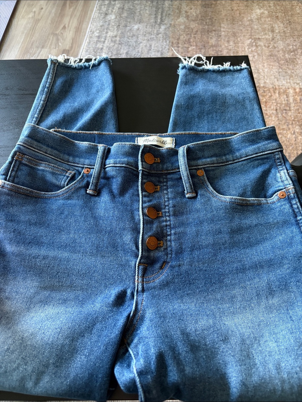 Madewell High-Rise Button-Fly Straight Jeans in Medium Blue with Raw Hem